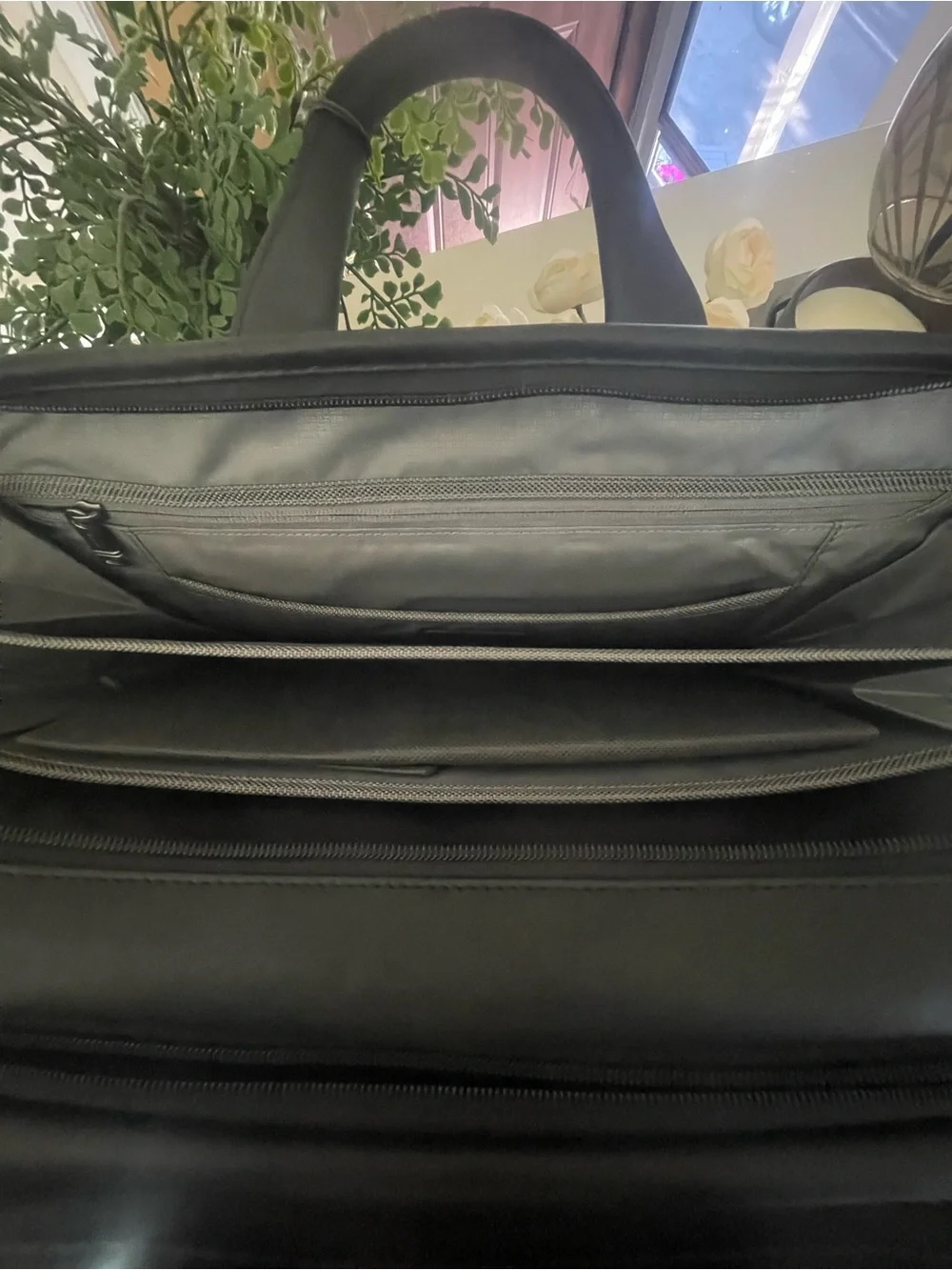 Tumi Black Leather Laptop Briefcase with Front Zip Pockets